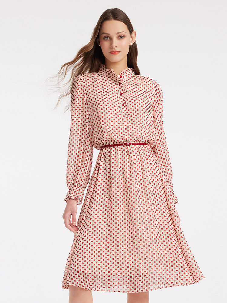 Gathered Waist Chiffon Polka Dot Midi Dress - View 11