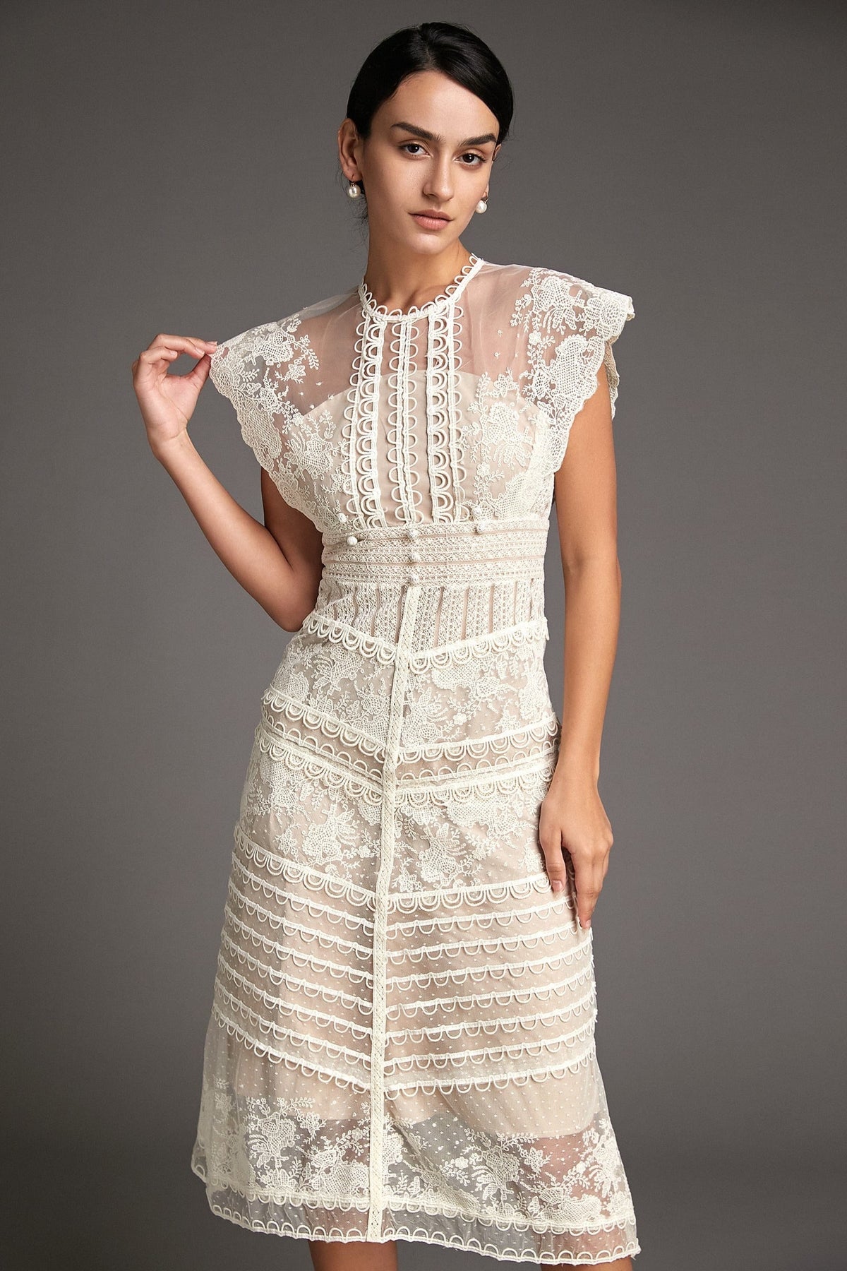 Floral Embroidered Mesh Cap Sleeve Midi Dress - View 2