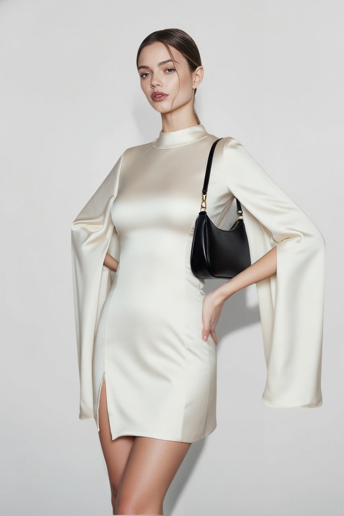 High Neck Cape Sleeve High Split Satin Mini Dress 2