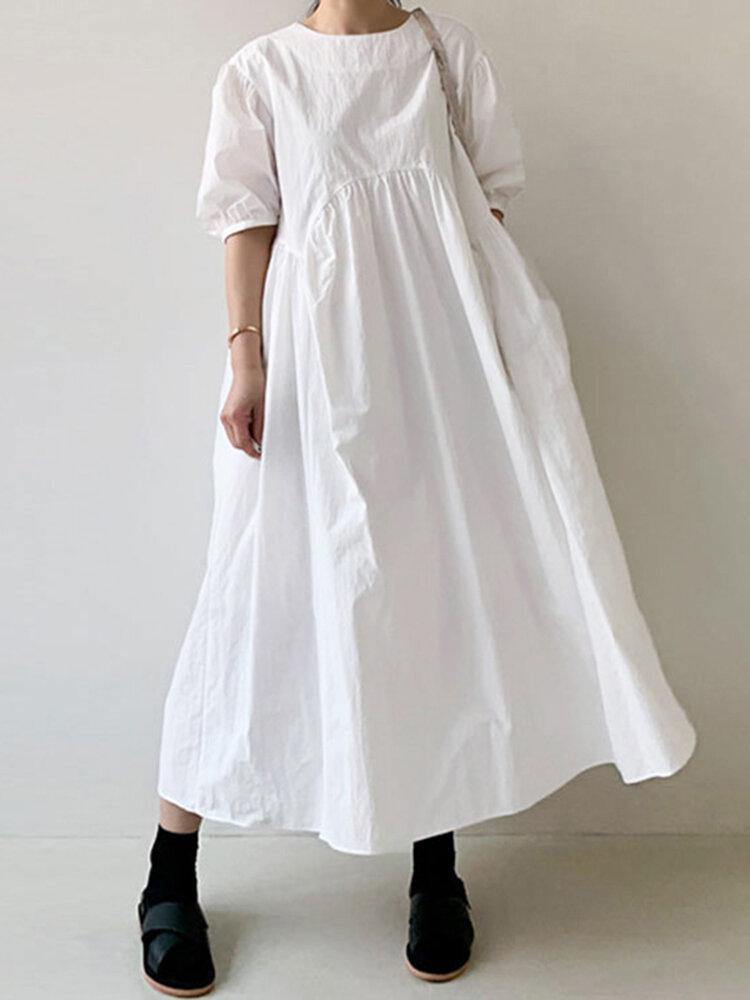 Puff Sleeve Round Neck Empire Waist Gathered Maxi Summer Dress - View 6