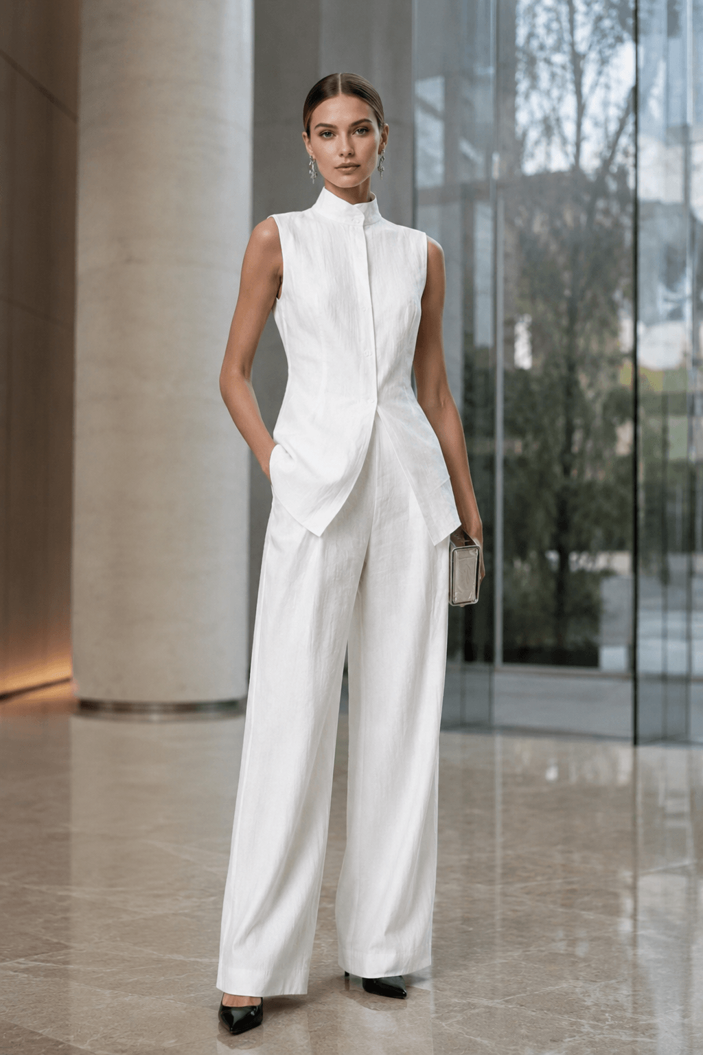 Drape Sleeveless Shirt Two Piece Work Set