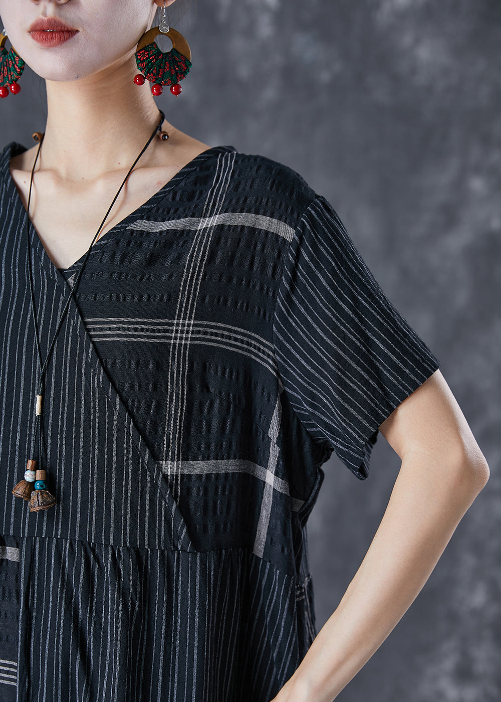 Pinstripe Windowpane Check Patchwork V-Neck Midi Dress - View 5