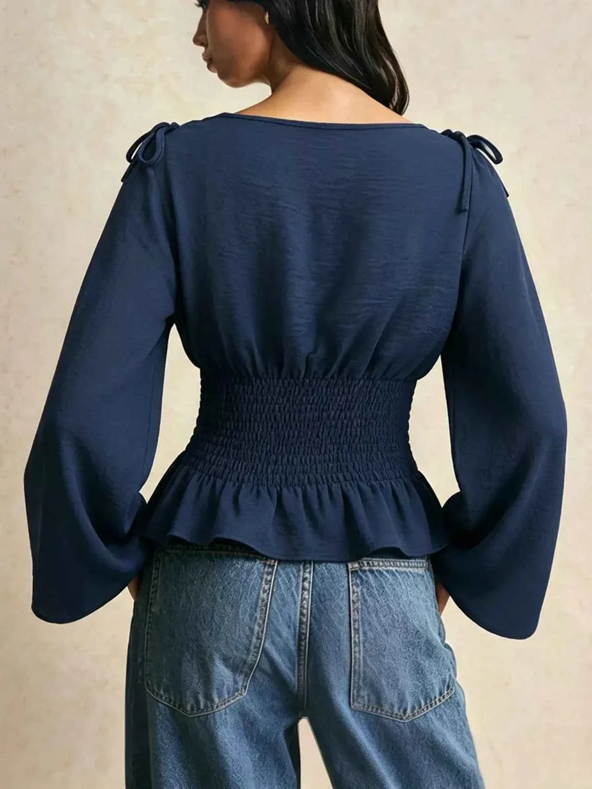 Smocked Waist Flare Sleeve Blouse