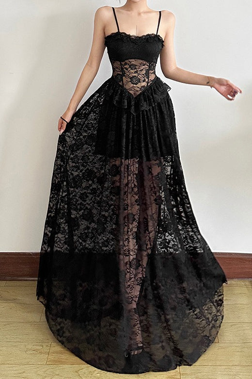Sleeveless Ruffled Waist Maxi Lace Dress - View 4