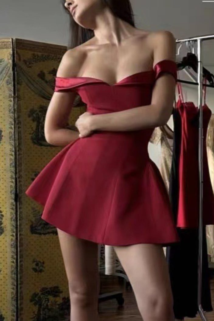 Satin Off Shoulder Sweetheart Fit and Flare Mini Dress