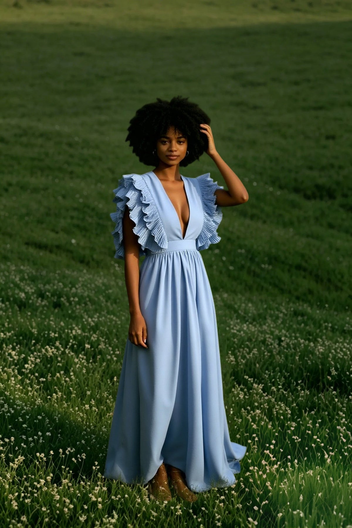 Deep V-Neck Ruffle Sleeve Pleated A-Line Maxi Dress 8