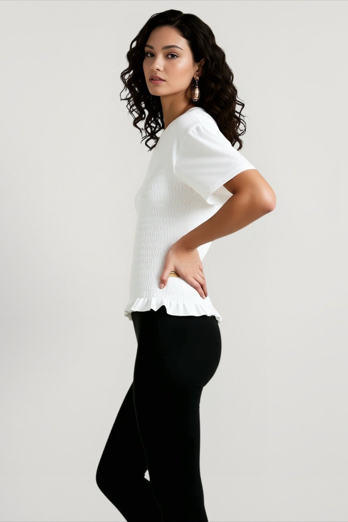 Crew Neck Short Sleeve Shirred Peplum Top 3