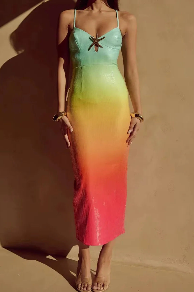 Sequin Ombre Sweetheart Spaghetti Strap Starfish Bodycon Maxi Dress - View 8
