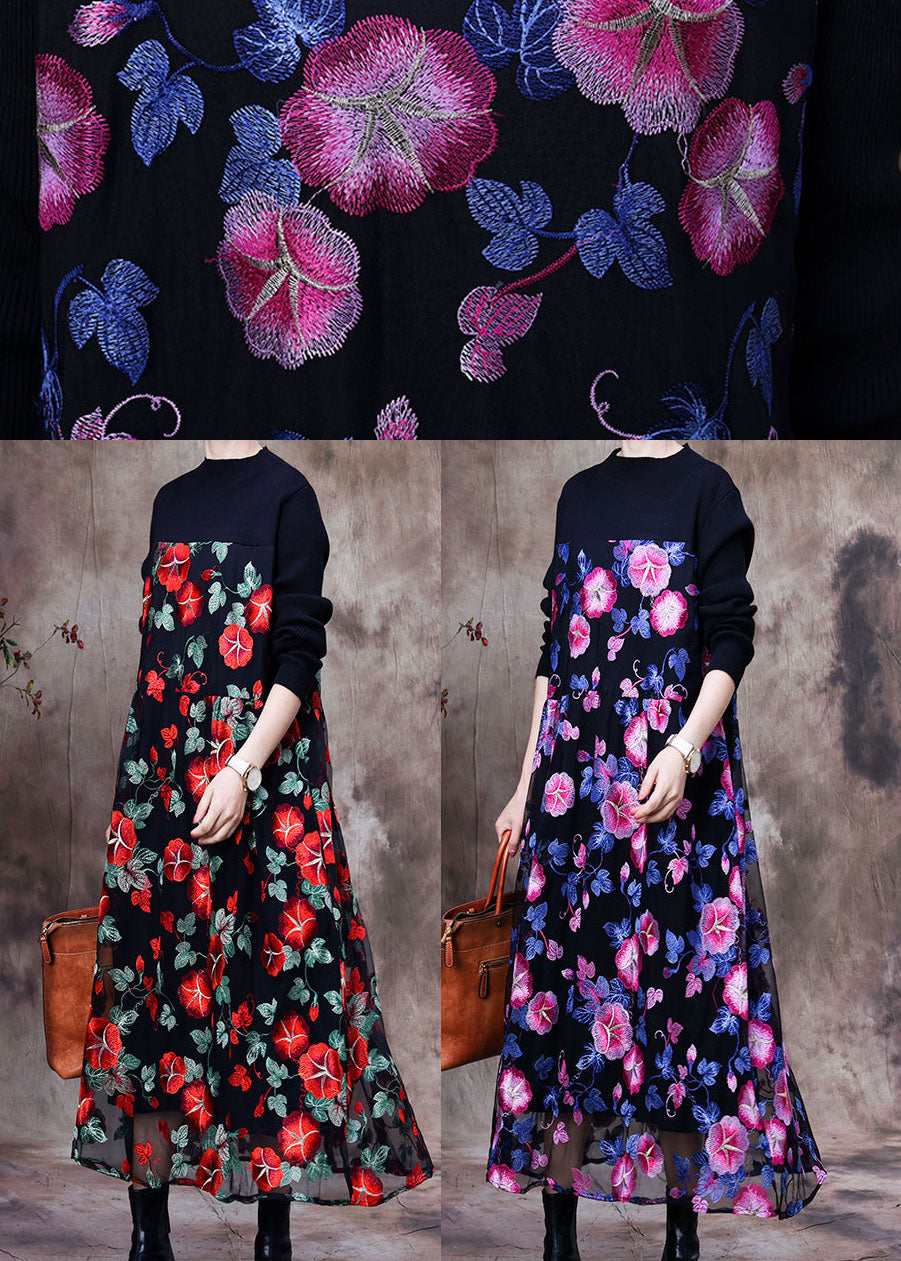 Floral Embroidered Mesh Overlay Long Sleeve Knit Maxi Dress - View 5