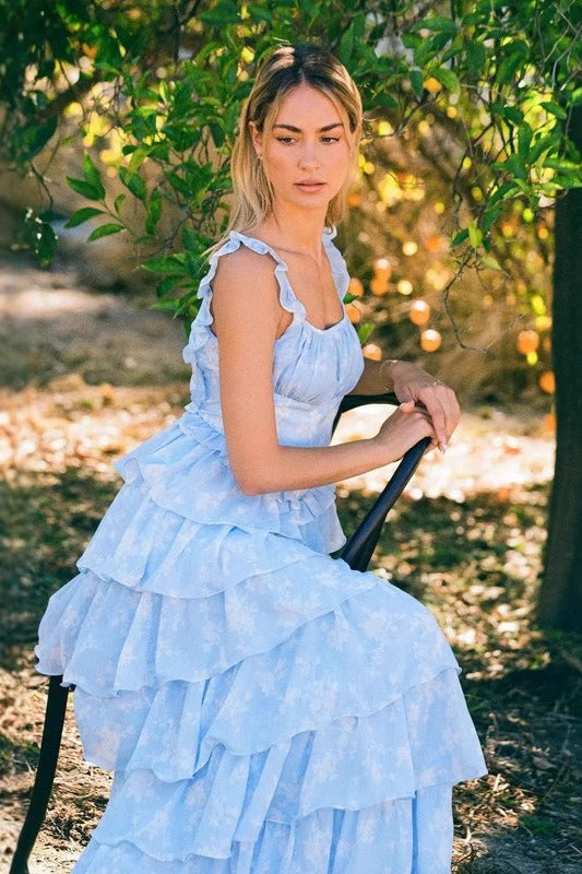 Floral Square Neck Ruffle Strap Tiered Maxi Prom Dress - View 6