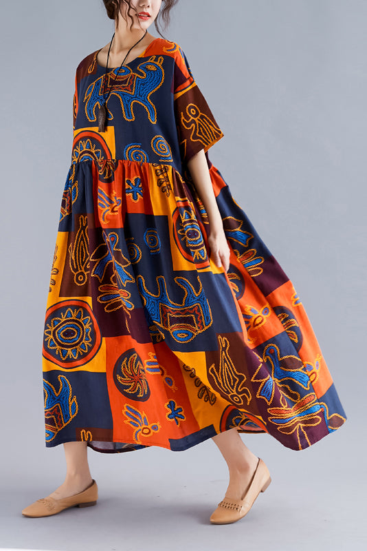Folk Art Print Empire Waist Short Sleeve A-Line Midi Dress - View 3