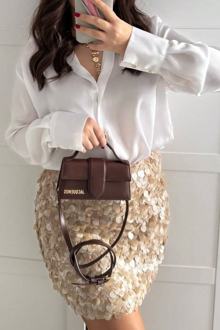 Sequin Pleated Denim Mini Skort