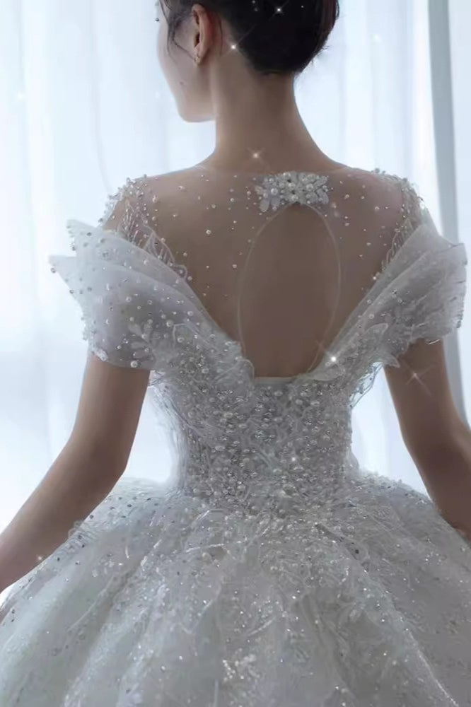 Pearl Beaded Sequin Lace Illusion Neck Off Shoulder Ball Gown - View 3