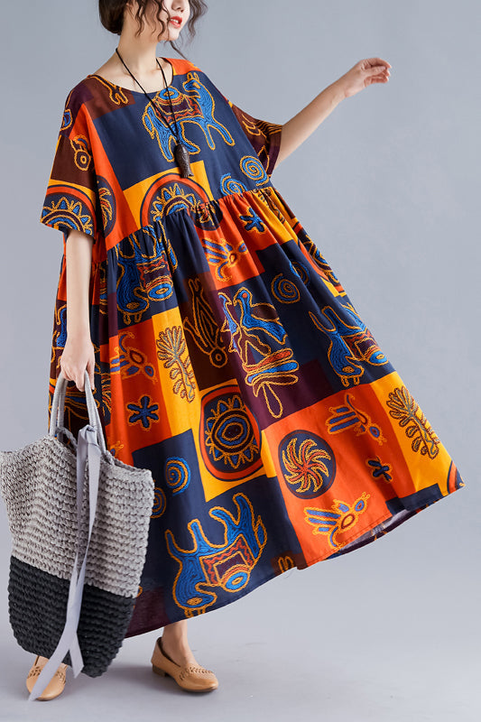 Folk Art Print Empire Waist Short Sleeve A-Line Midi Dress - View 2