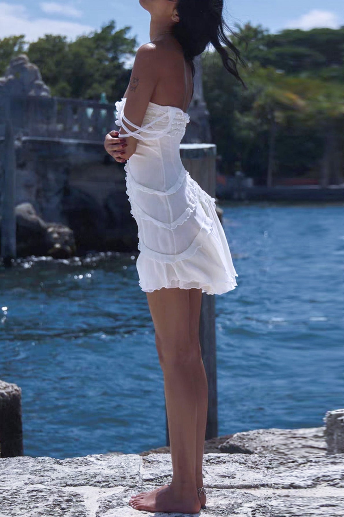 Sheer Mesh Off Shoulder Ruffle Ruched Bodycon Mini Dress - View 3