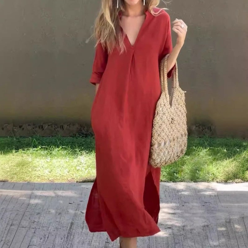 Collared V-Neck Short Sleeve High Split Maxi Dress Summer