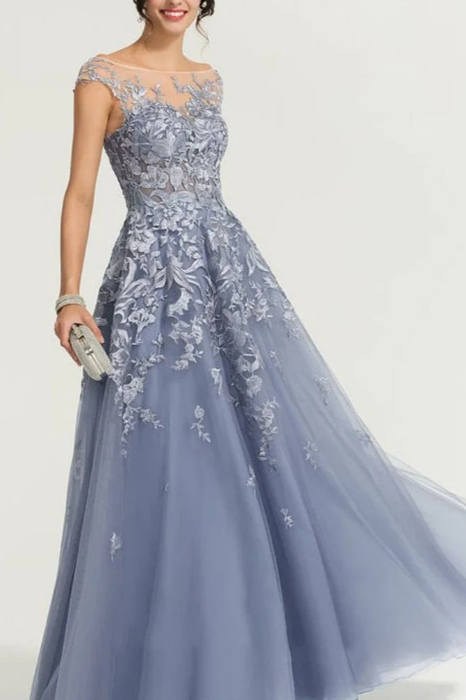 Cap Sleeve Illusion Floral Lace A-Line Tulle Gown 3