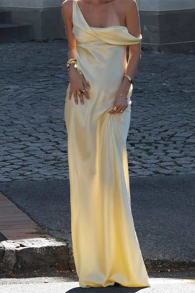 One Shoulder Cowl Neck Draped Satin Column Maxi Dress 2