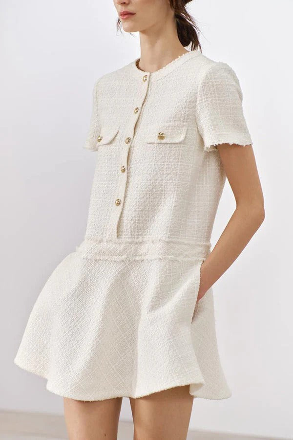 Textured Boucle Gold Button Short Sleeve A-Line Mini Dress - View 5