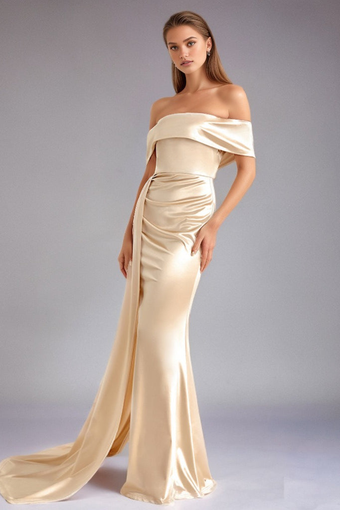 Solid Satin Off-Shoulder High-Waist Mermaid Silk Dress - View 2