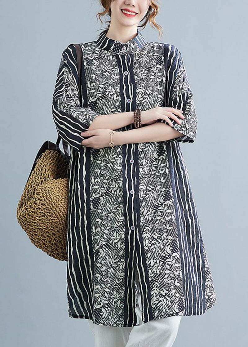 Floral Print Collar Button Front Panel Stripe Shirt Dress - View 2