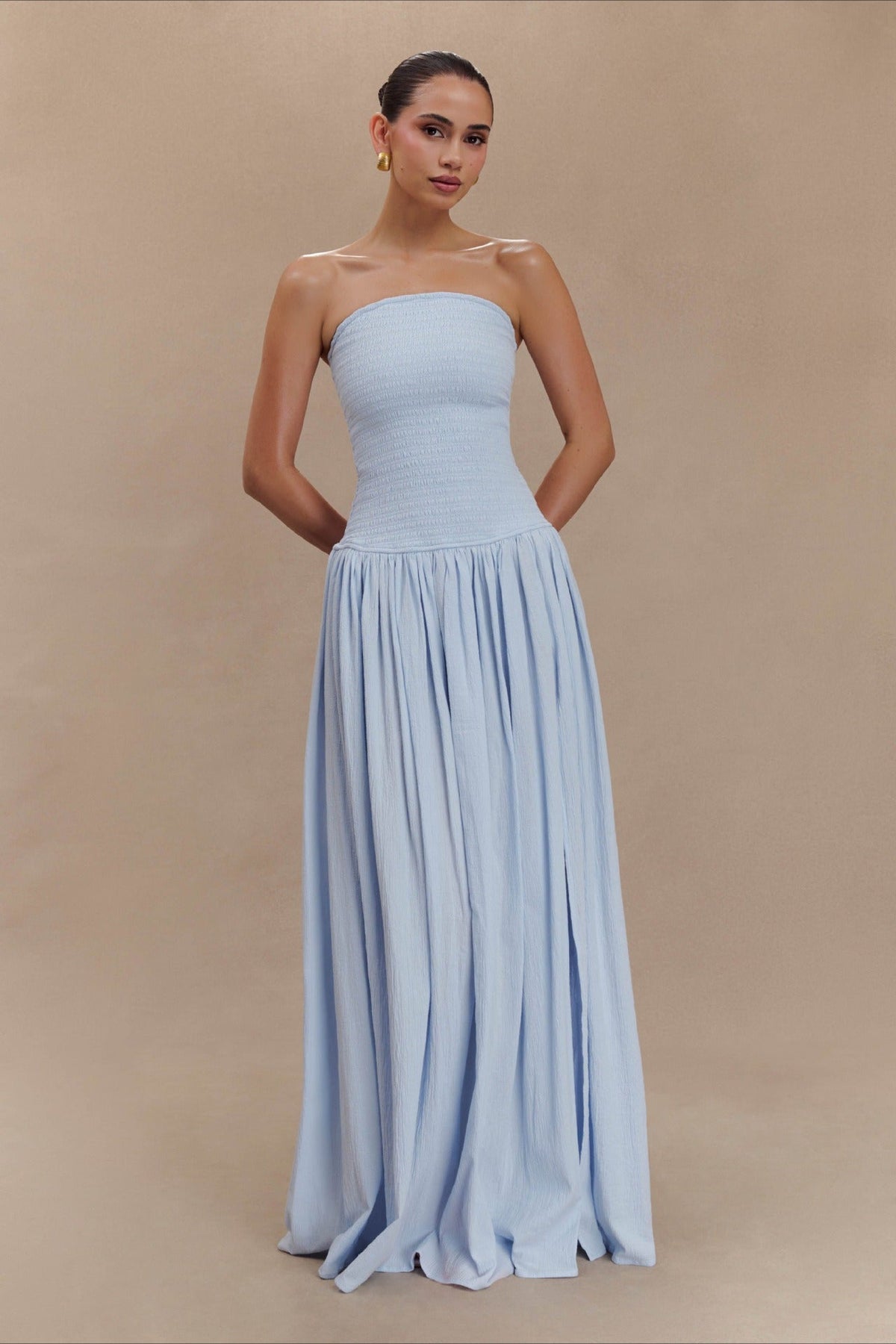 Strapless Ruched High Split Flowy Maxi Prom Dress - View 3