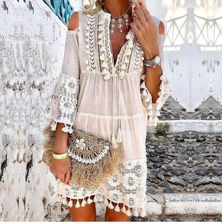 Deep V-Neck Tassel Trim Lace Insert Bell Sleeve Tiered Dress - View 8