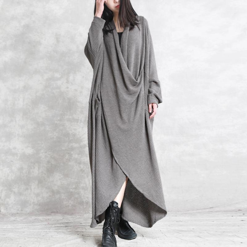 Waffle Knit Draped Cowl Wrap Front Long Sleeve Pocket Maxi Dress