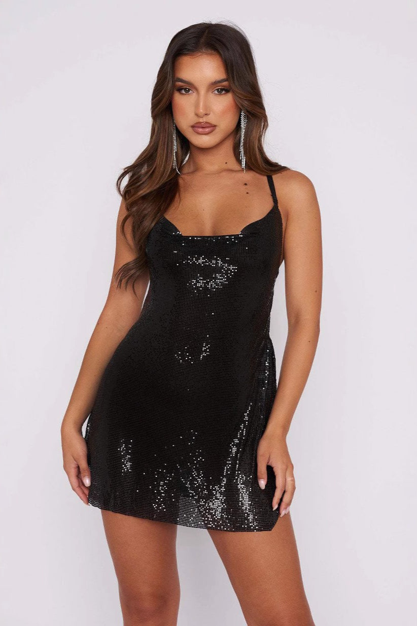Sequin Chainmail Cowl Neck Spaghetti Strap Bodycon Mini Party Dress