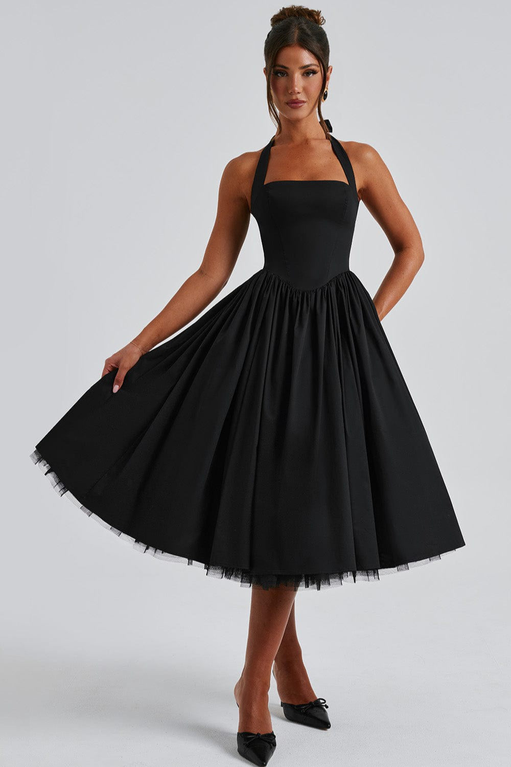 Halter Neck Basque Waist Pocket Gathered A-Line Midi Party Dress - View 8