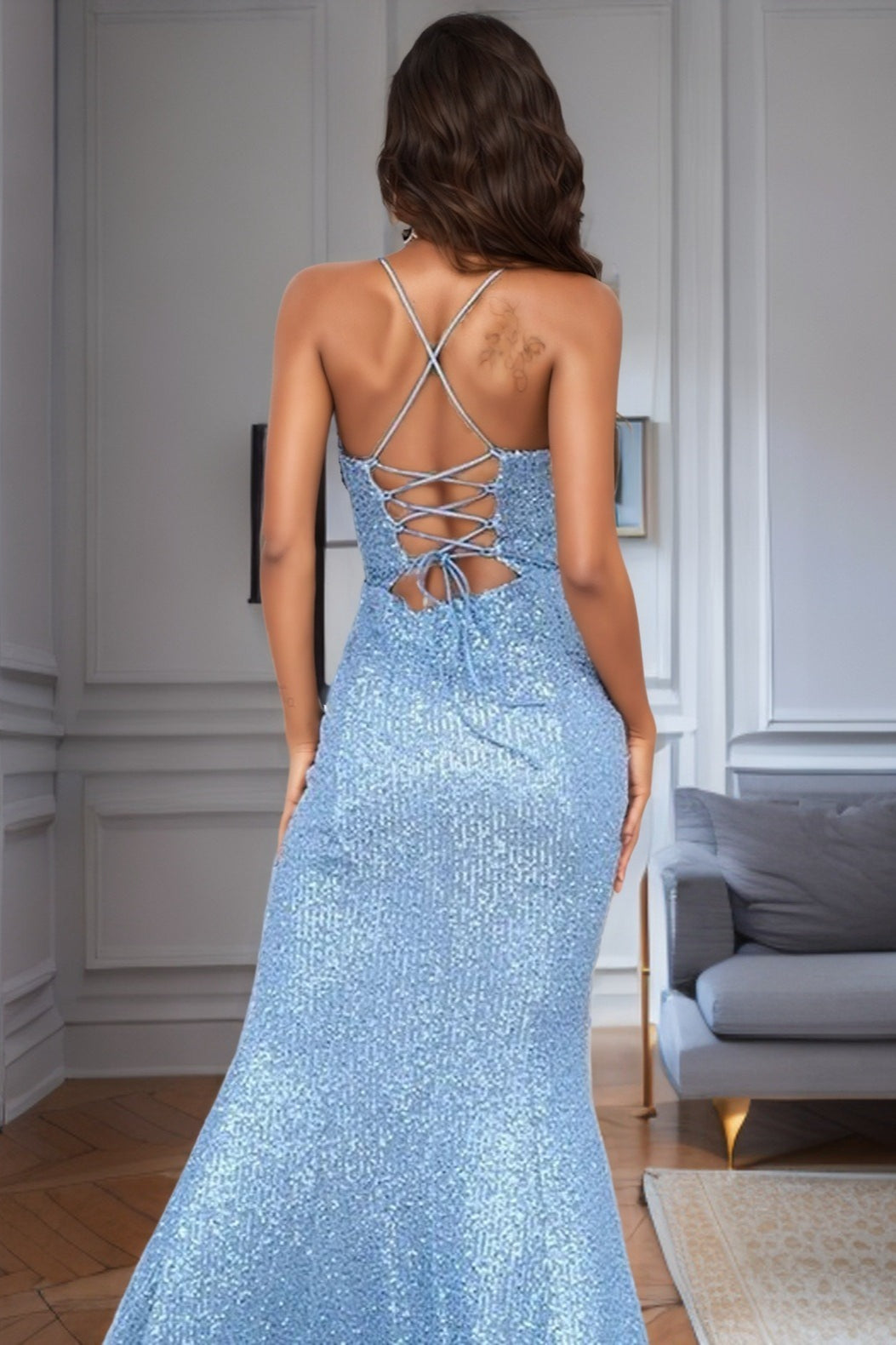 Spaghetti Strap V-Neck High Split Mermaid Maxi Dress - View 4