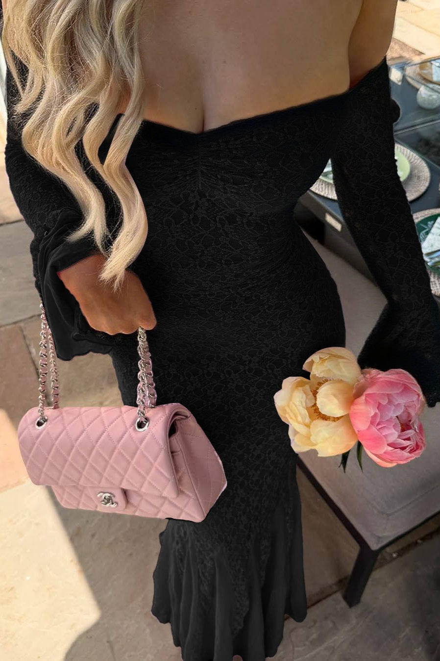 Lace Off Shoulder Sweetheart Bell Sleeve Mermaid Gown - View 5