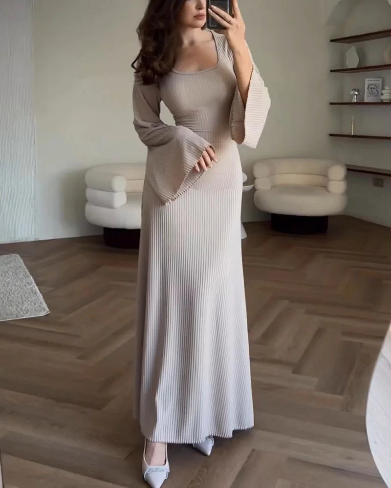 Rib Knit Square Neck Long Sleeve Bell Cuff Bodycon Maxi Dress - View 3