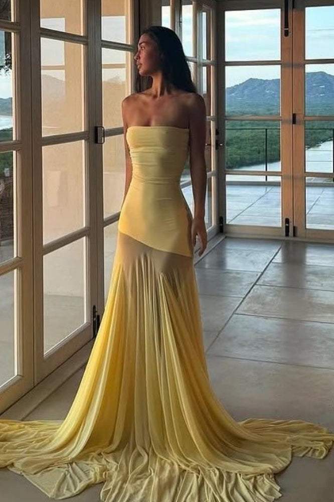 Strapless Ruched Sheer Mesh Mermaid Prom Gown - View 2