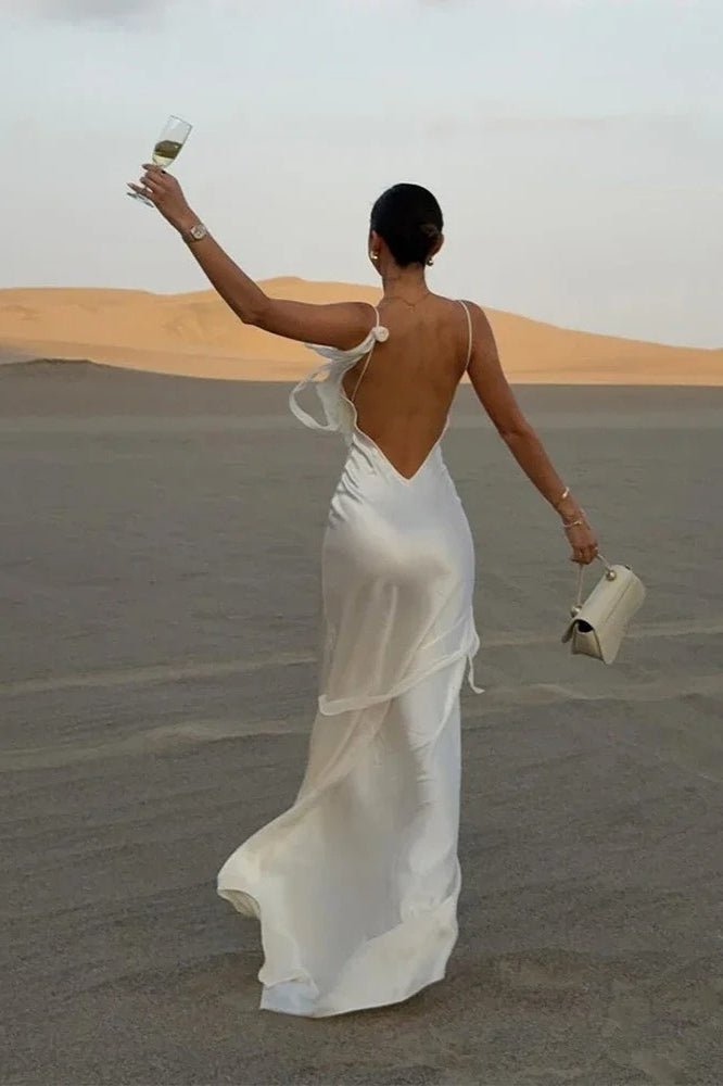 Elegant White Satin Backless Maxi Dress - View 5