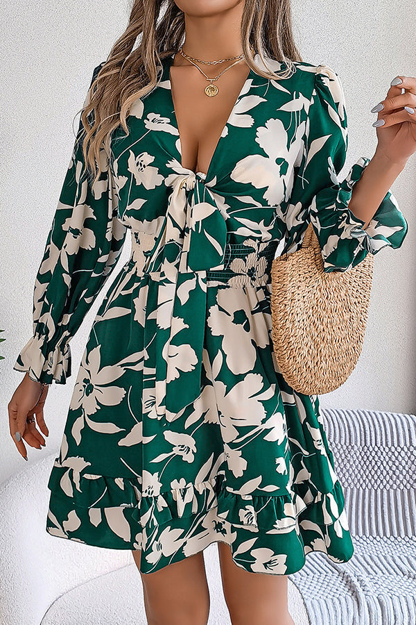 Floral Print V-Neck Tie Front Long Sleeve Ruffle Hem Mini Dress - View 2
