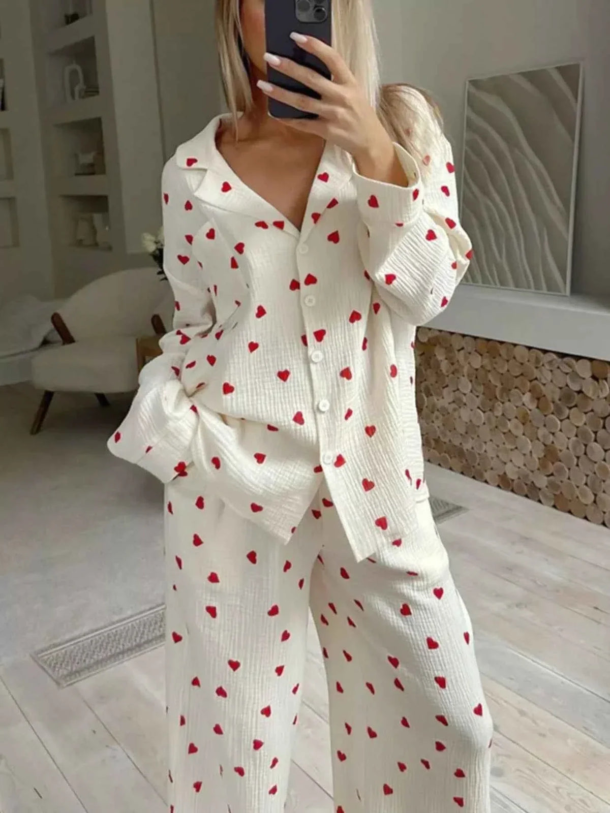 Heart Print Long Sleeve Top and Pants Lounge Set