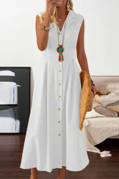 V-Neck Lapel Collar Sleeveless Button Front A-Line Midi Dress - View 3