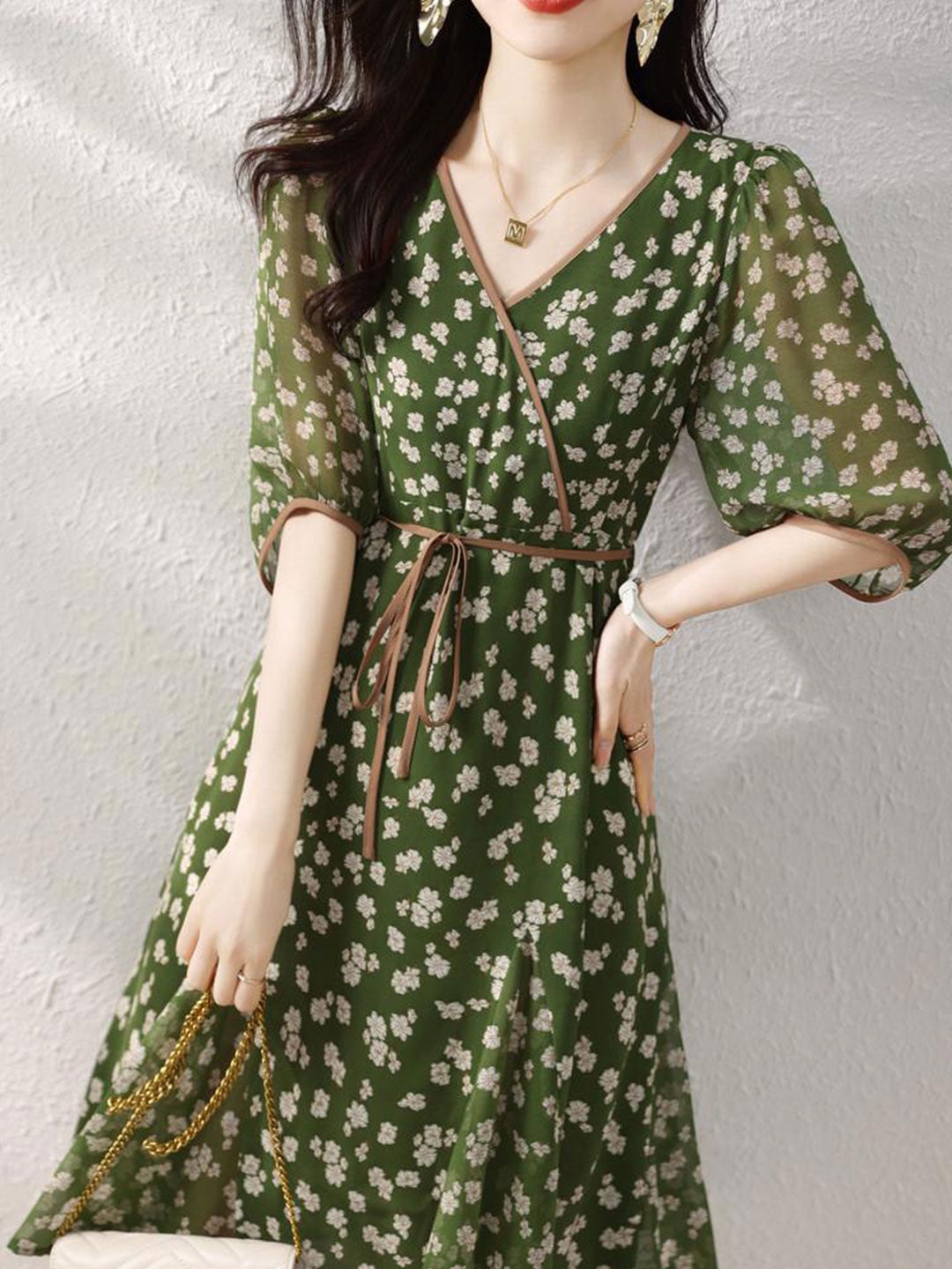Floral Print Wrap V-Neck Puff Sleeve Tie Waist Dress