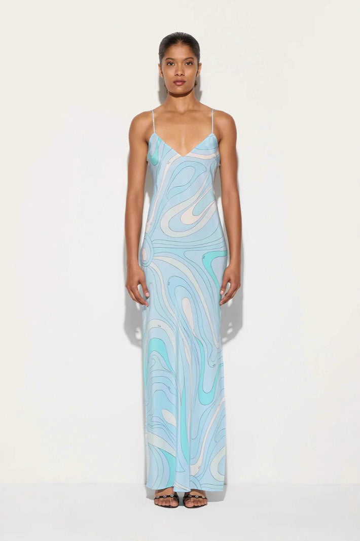 Spaghetti Strap Deep V-Neck Abstract Print Satin Slip Maxi Dress - View 4