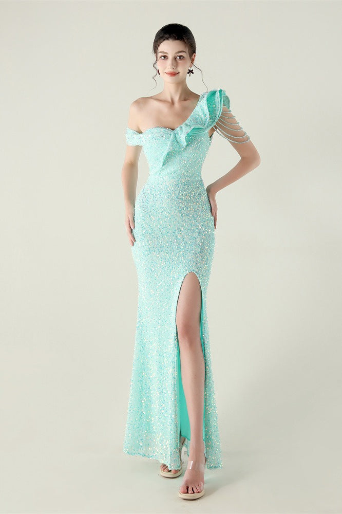 Sequin One Shoulder Ruffle High Split Mermaid Gown in Red - View 20