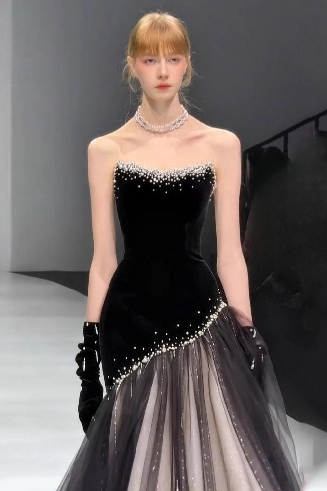 Velvet Strapless Beaded Tulle Mermaid Prom Dress - View 2