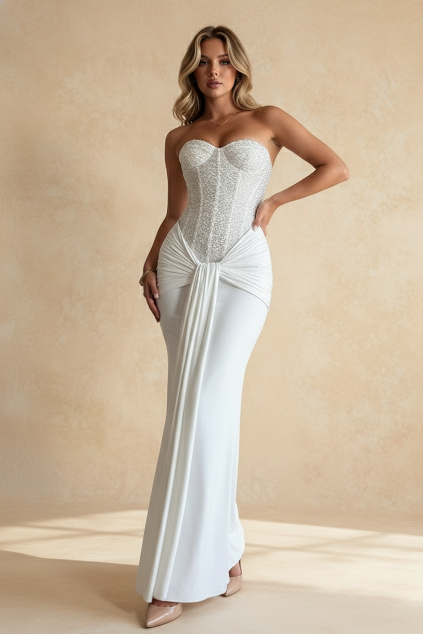 Strapless Corset Twist Front Draped Mermaid Maxi Dress