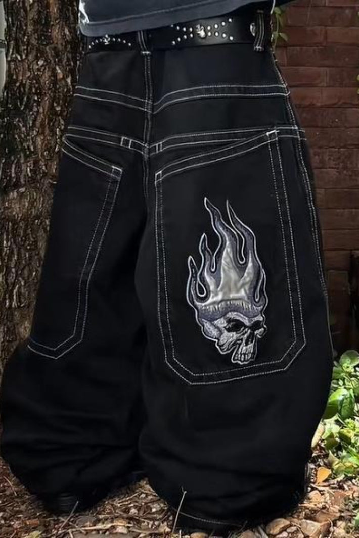 Embroidered Wide-Leg Denim Jeans