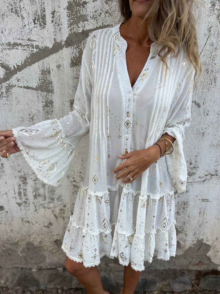 V-Neck Mandarin Collar Button Front Tiered Ruffle Lace Trim Mini Dress - View 6