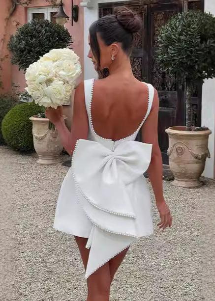 Pearl Trim High Neck Sleeveless Pleated Bow Back Mini Dress - View 4