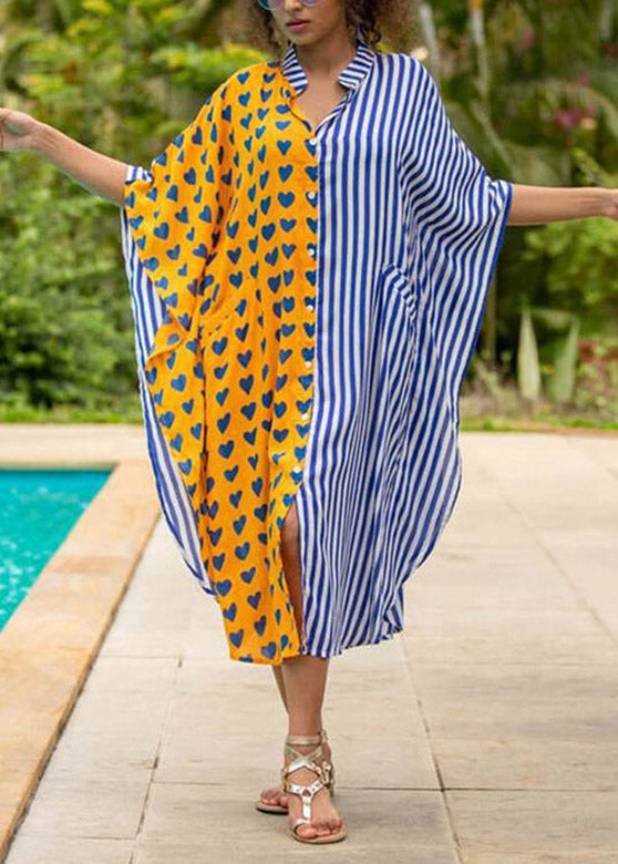 Split Print Button Down Kaftan Sleeve Midi Shirt Dress - View 3