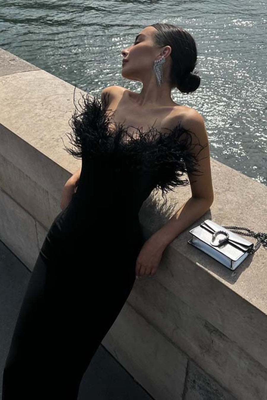 Feather Trim Off Shoulder Bodycon Maxi Prom Dress - View 2