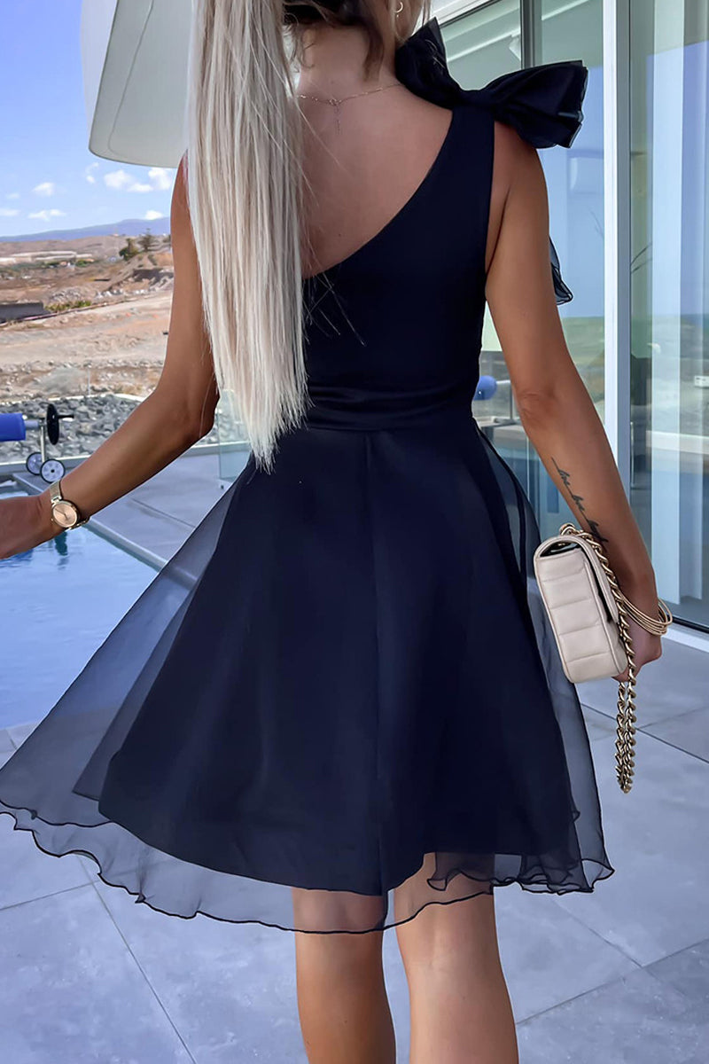 One Shoulder Bow Detail Sheer Layered Ruffle Hem Mini Dress - View 2