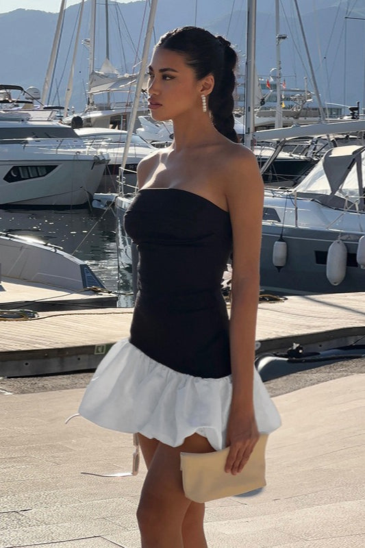 Strapless Bubble Hem Contrast Peplum Fit and Flare Mini Party Dress - View 6